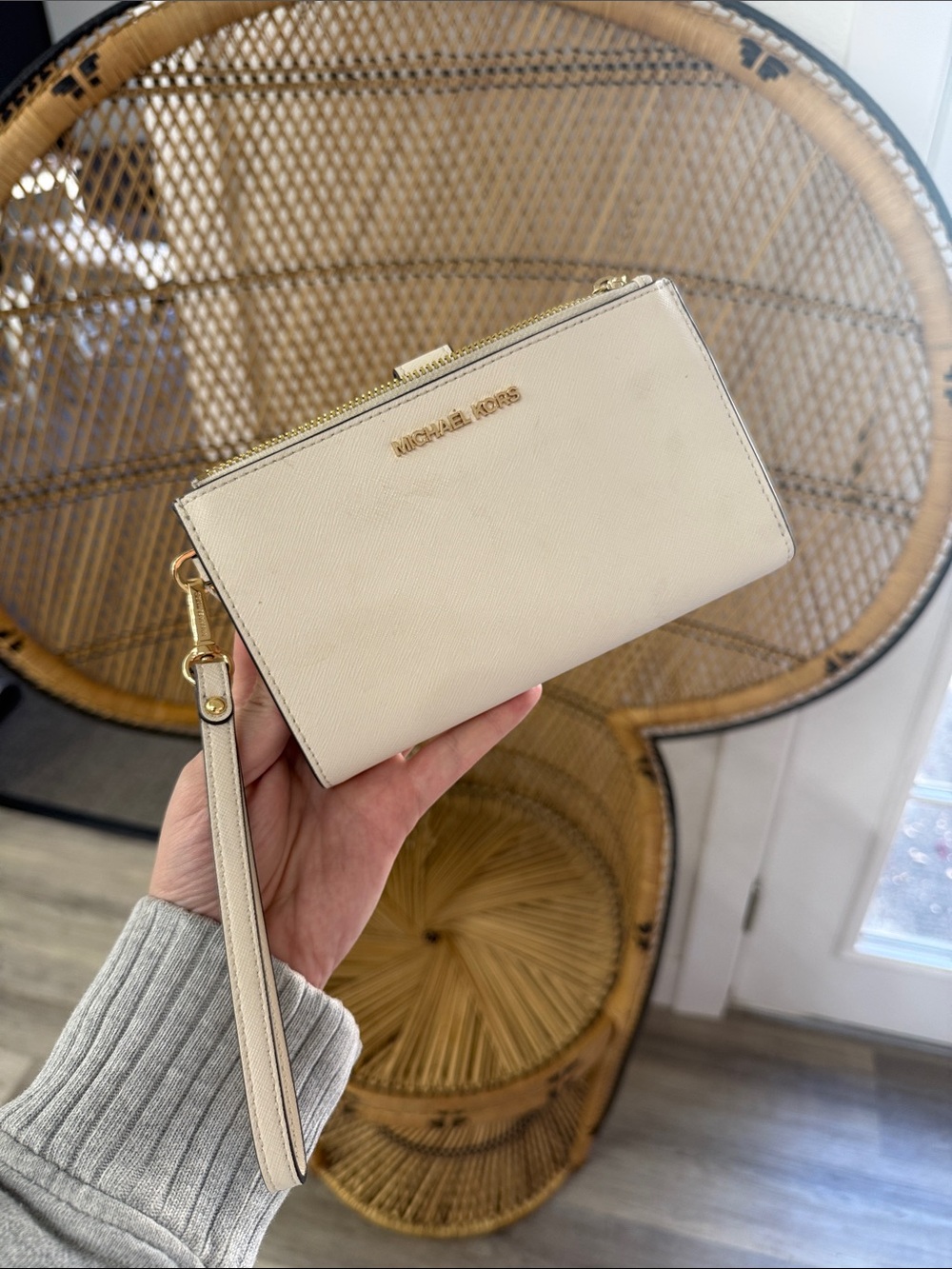 Michael Kors Cream Saffiano Wristlet Clutch with Gold Hardware